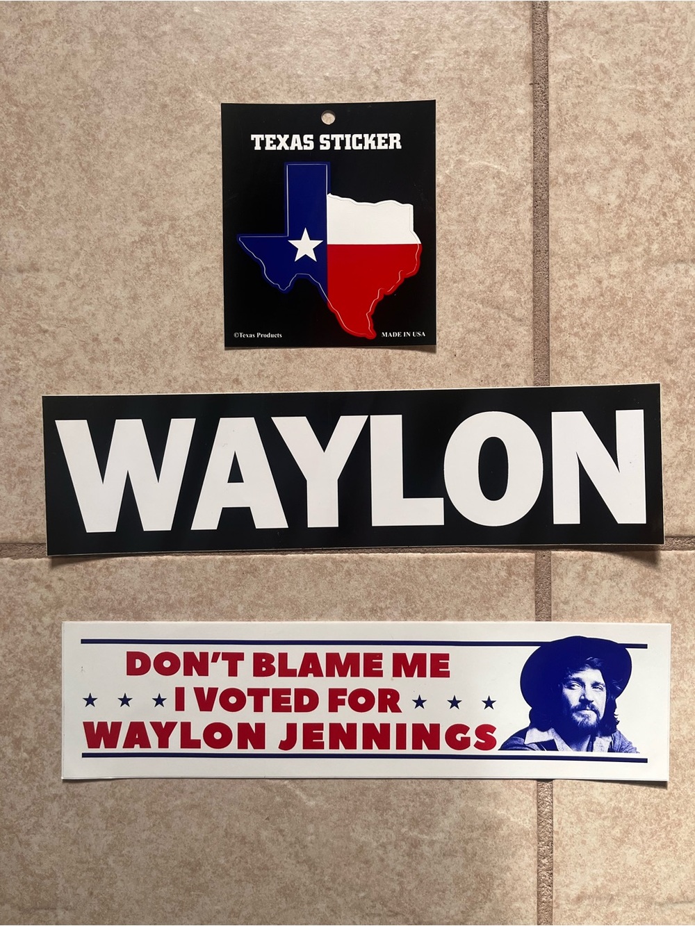 Lot of 2 Waylon Jennings Bumper Stickers and 1 Large Texas Sticker Brand New